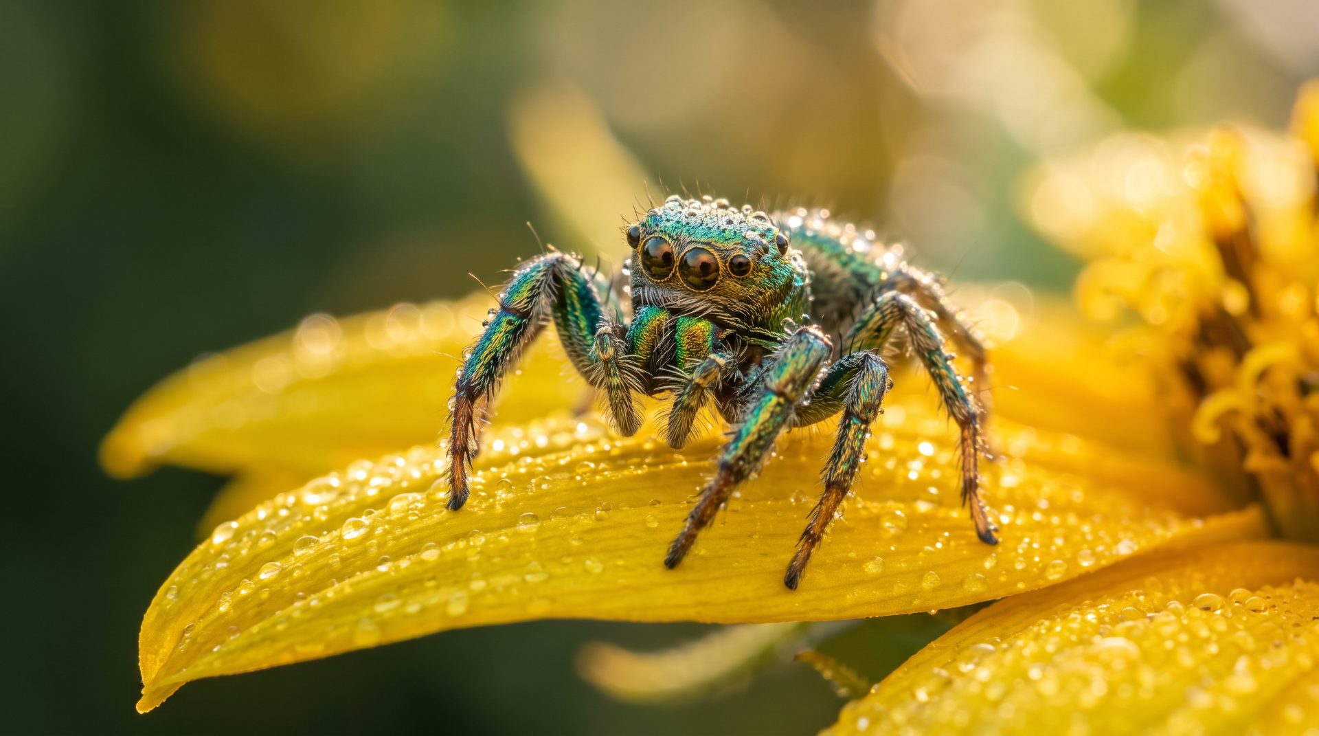 Iridescent Jumping Spider on Yellow Petal