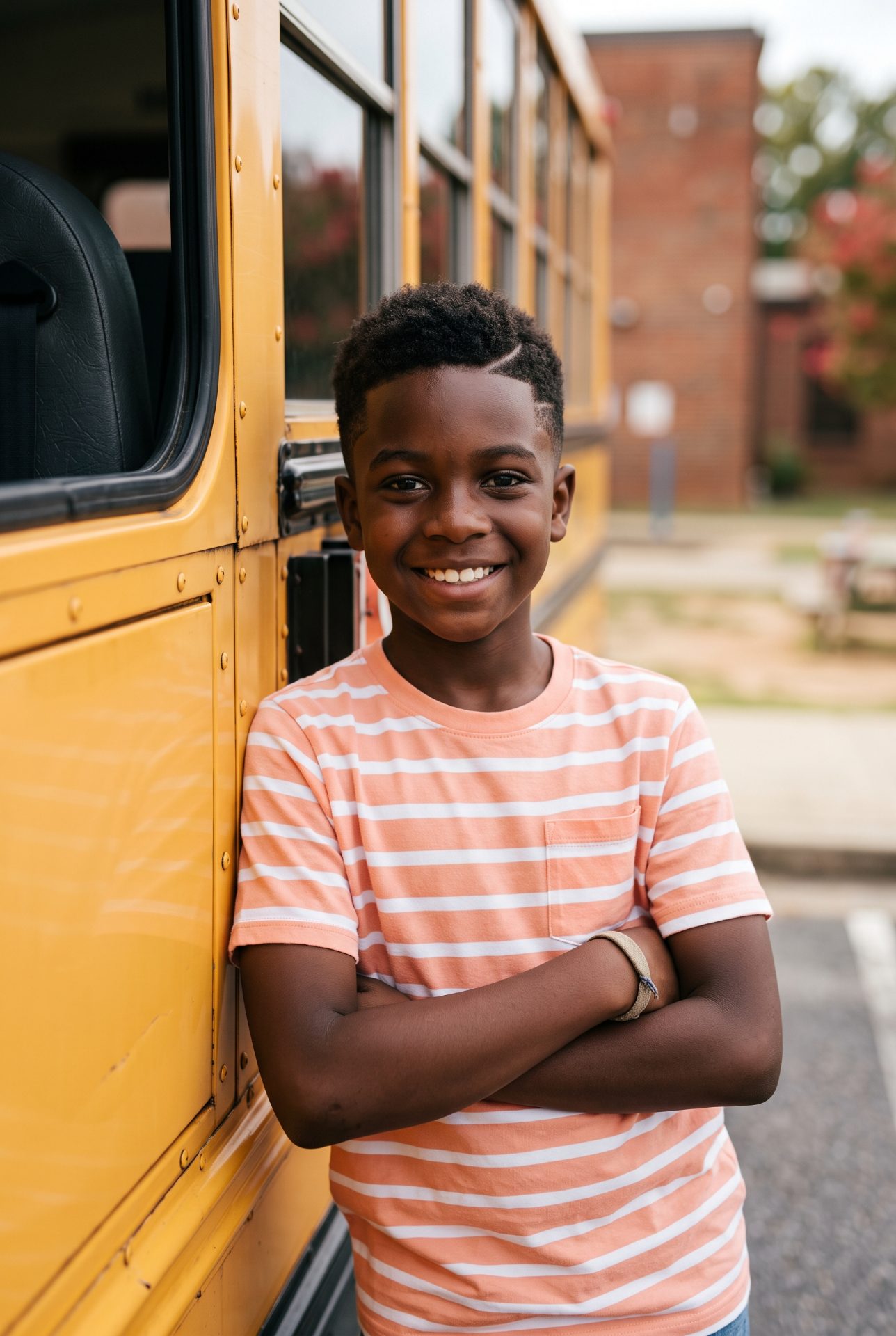 Confident Young Student By School Bus
