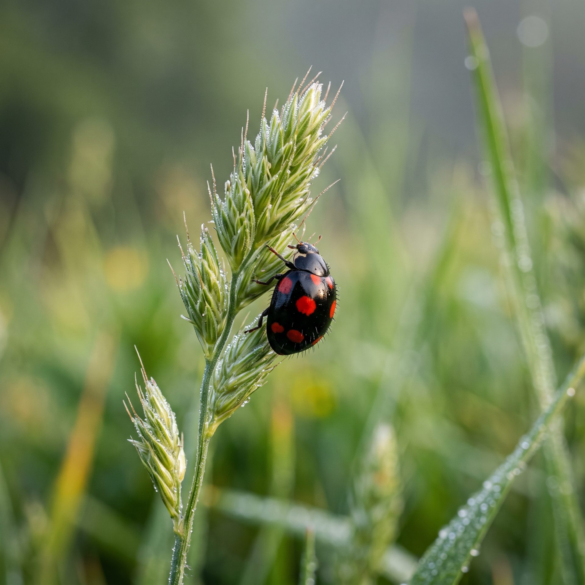 Ladybug on Morning Dew Grass