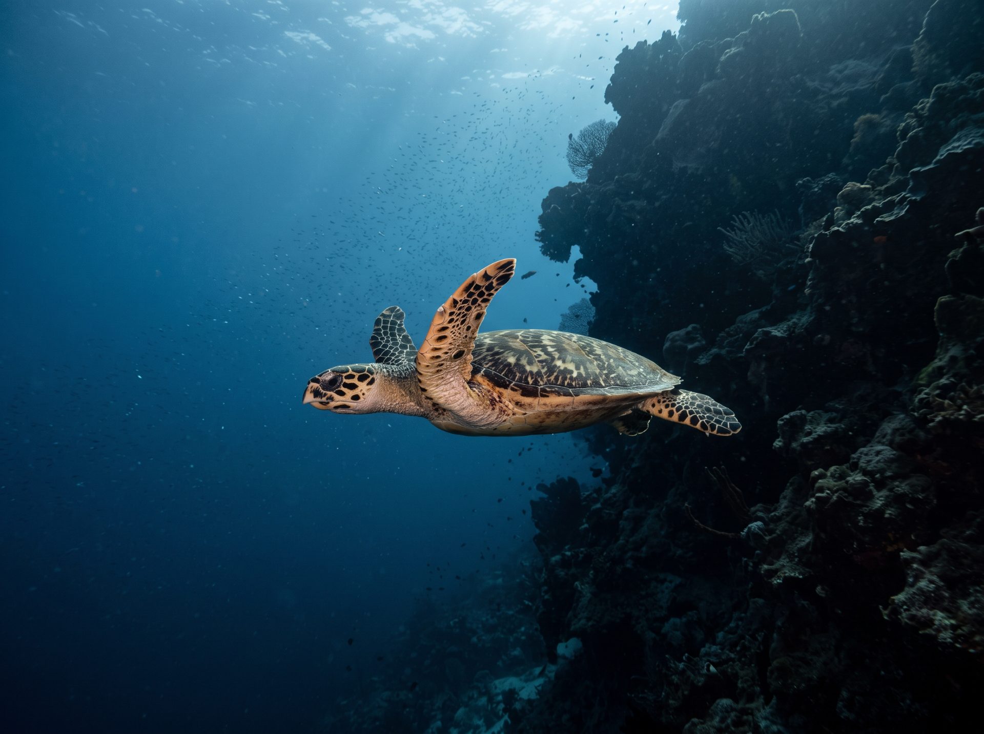 Hawksbill Turtle in Deep Blue