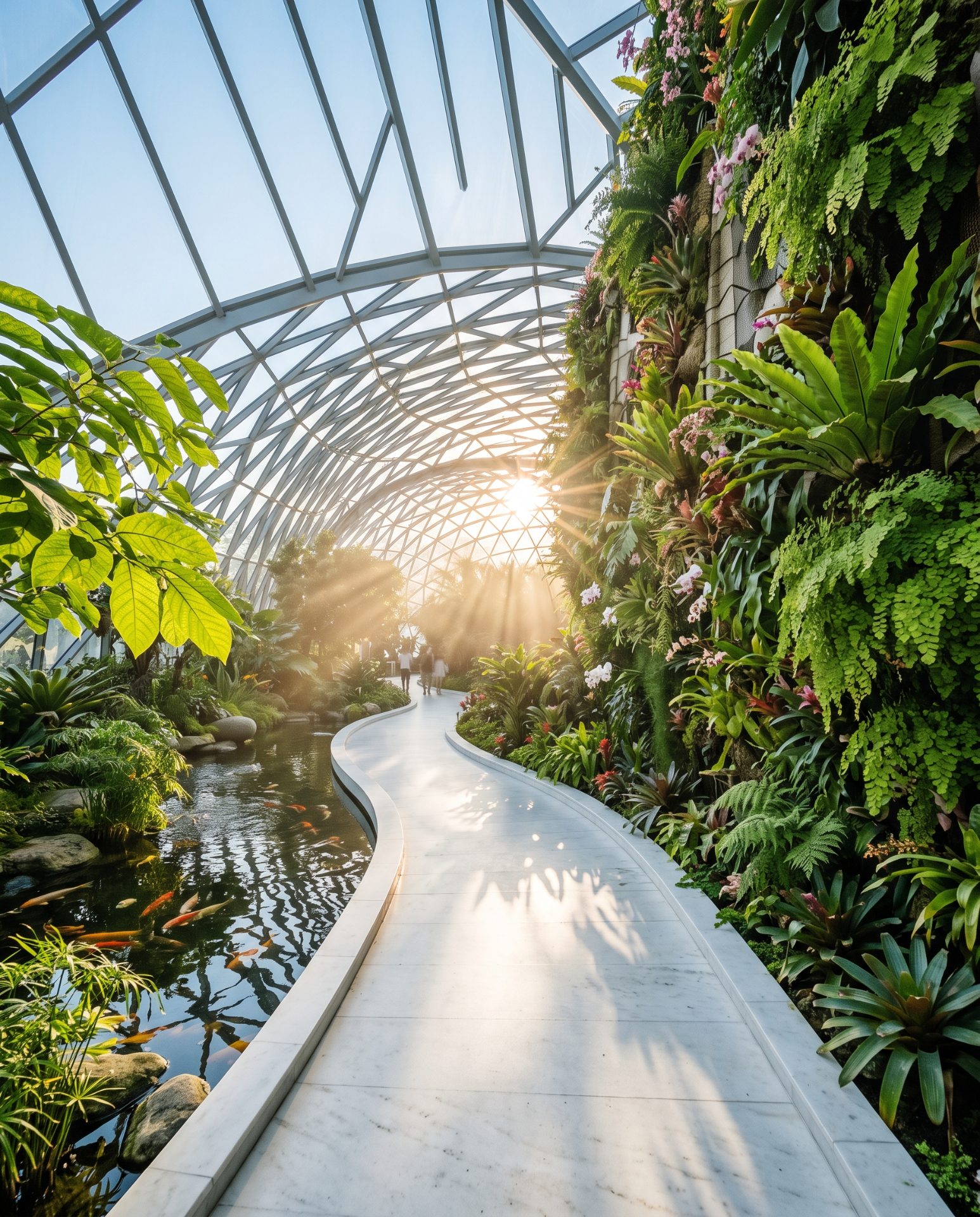 Sunlit Botanical Glasshouse Pathway