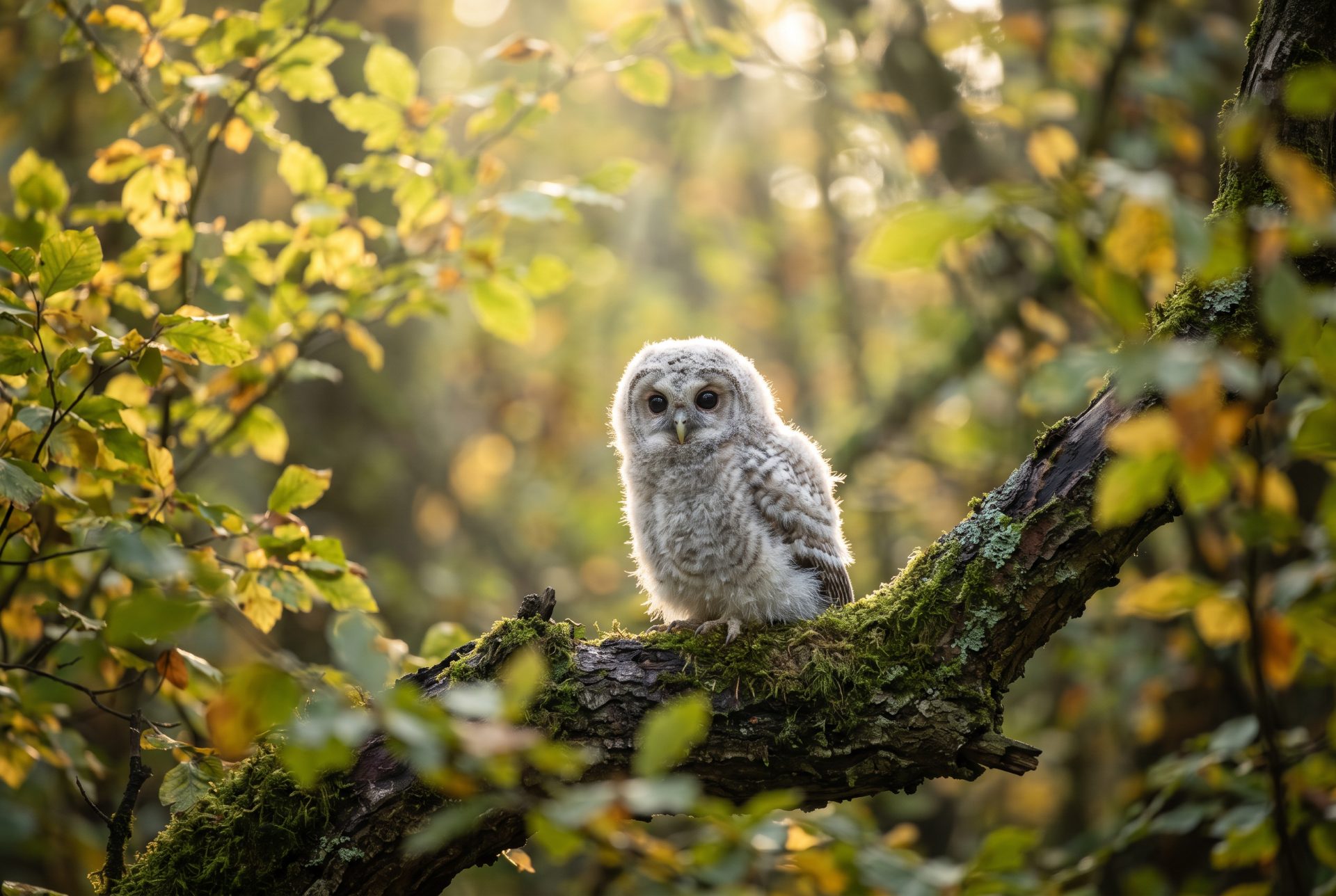 Tawny Owl Chick in Autumn Forest