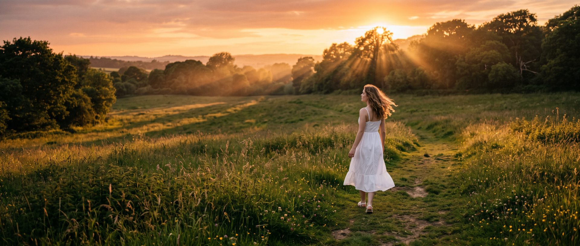 Sunset Stroll in White Dress