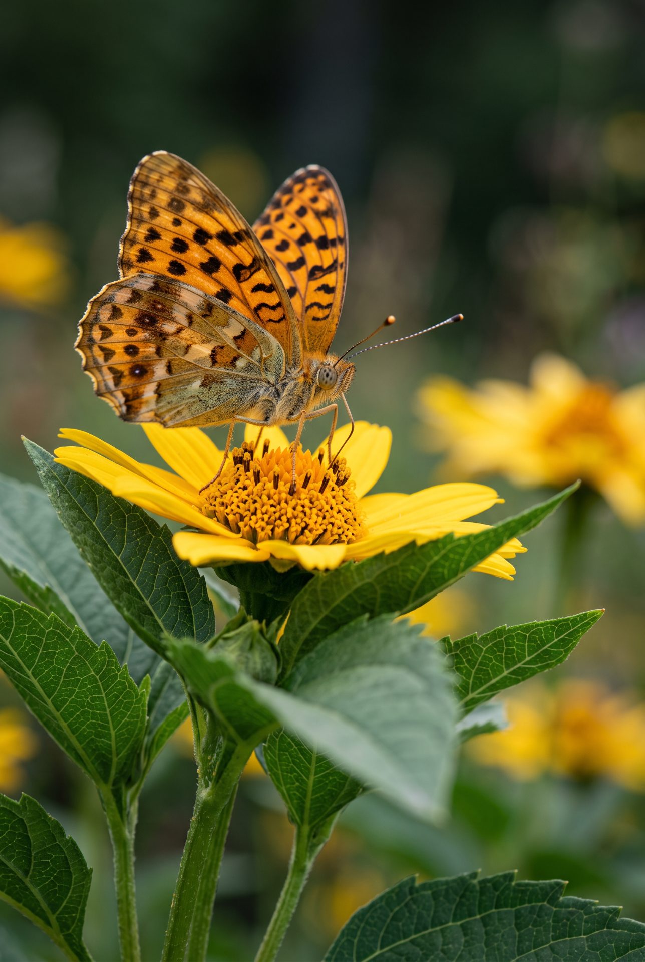 Queen of Spain Fritillary on Sunflower