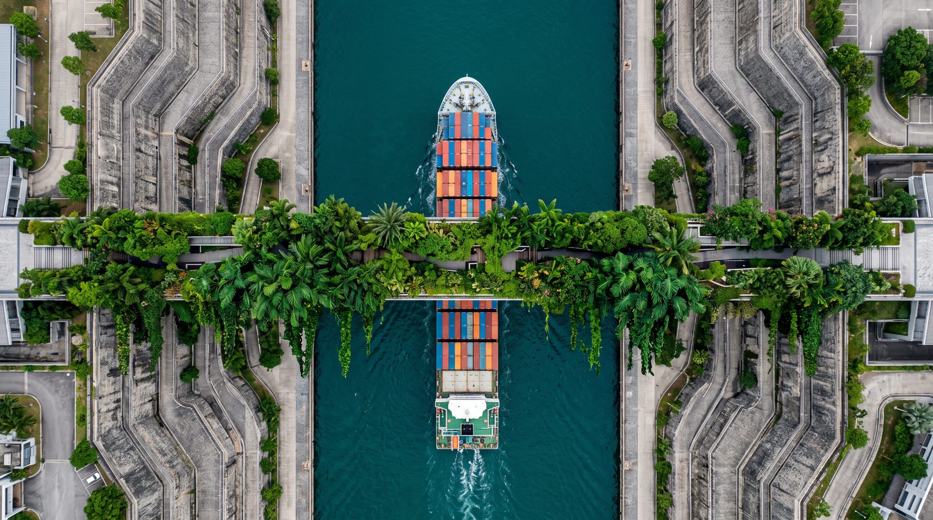 Container Ship Crossing Green Overpass