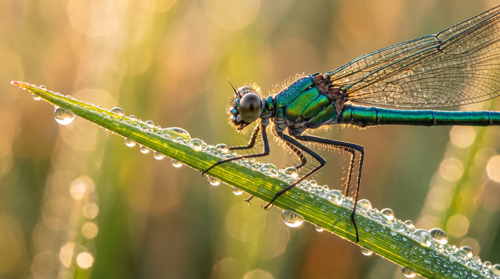 Emerald Damselfly on Dewy Grass