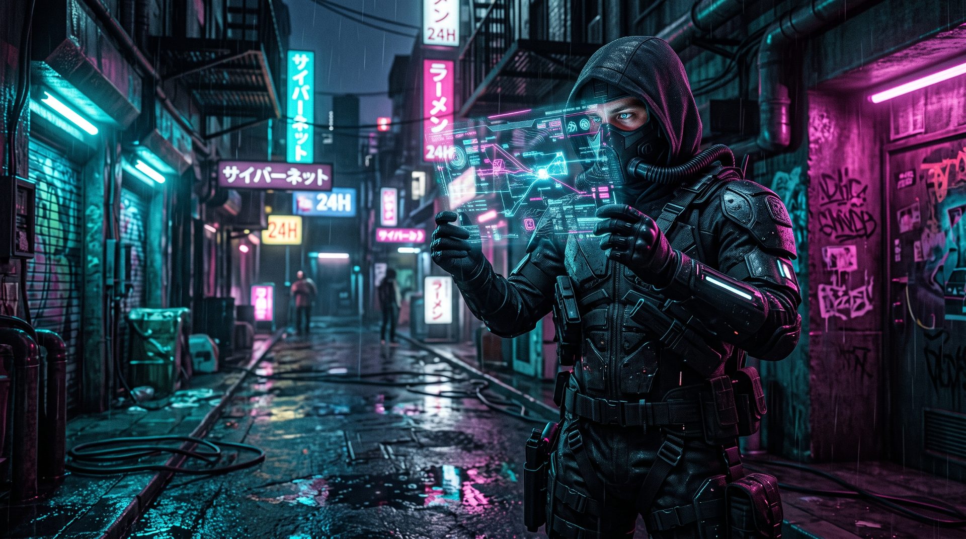 Cybernetic Operative in Neon Alley