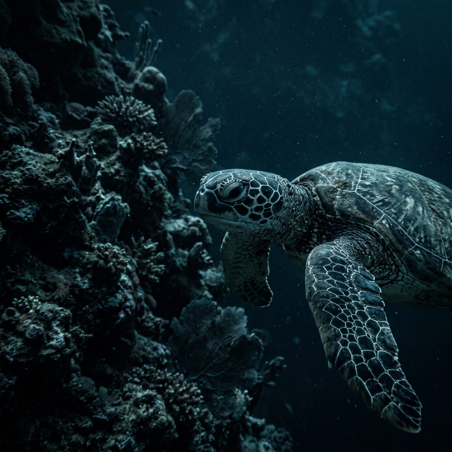 Sea Turtle in Deep Blue Abyss