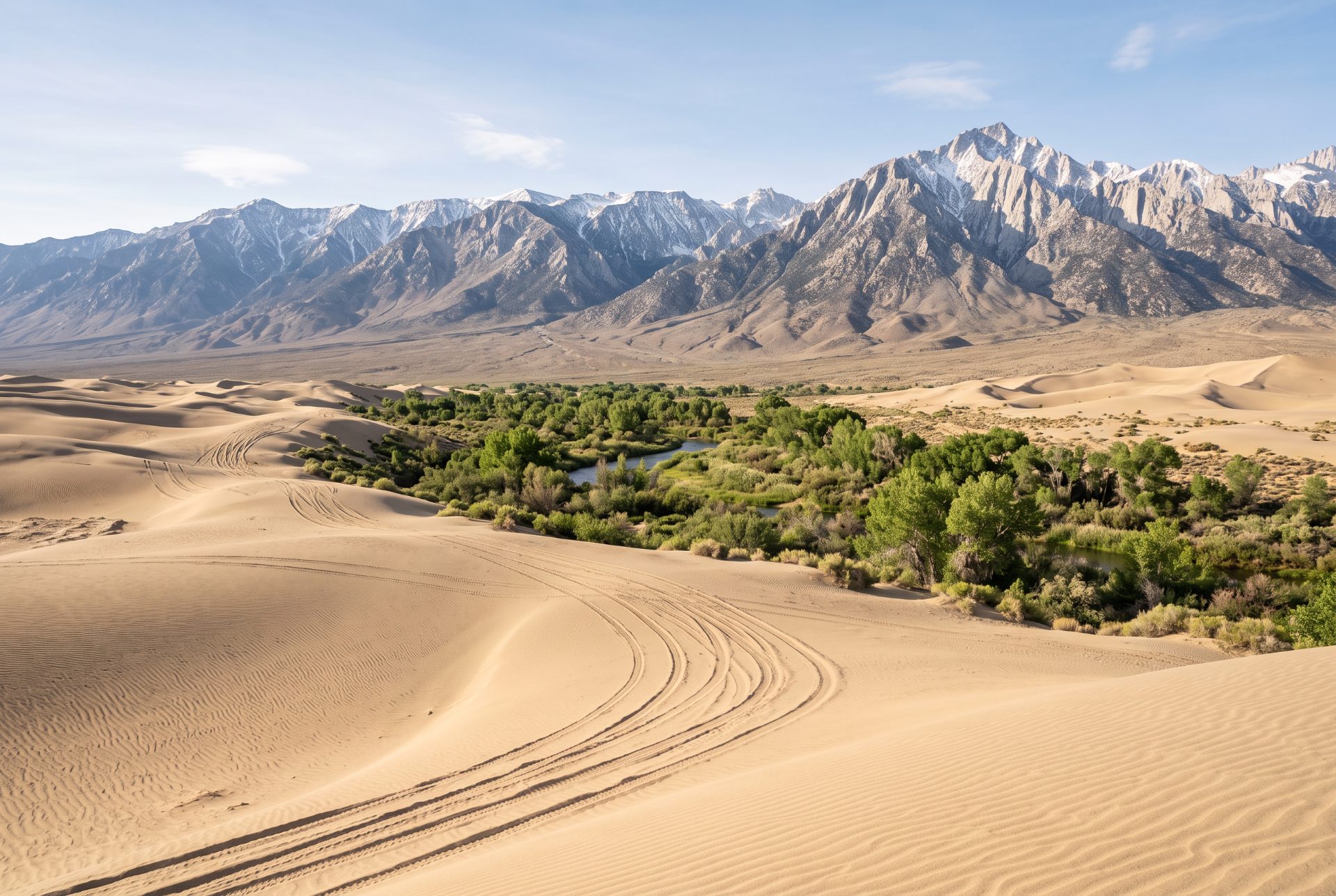 Desert Dunes and Snowy Peaks