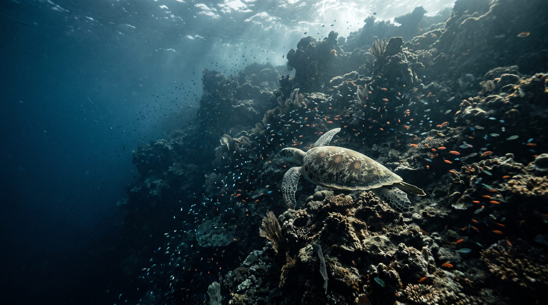Sea Turtle in Coral Depths