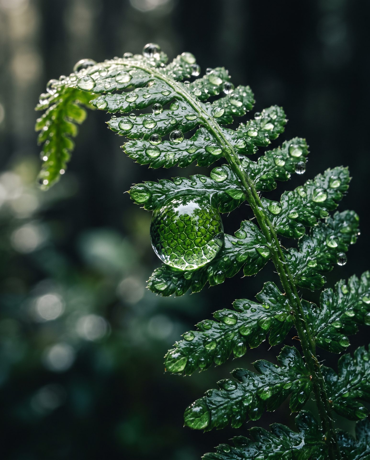 Dewdrops on Green Fern Frond