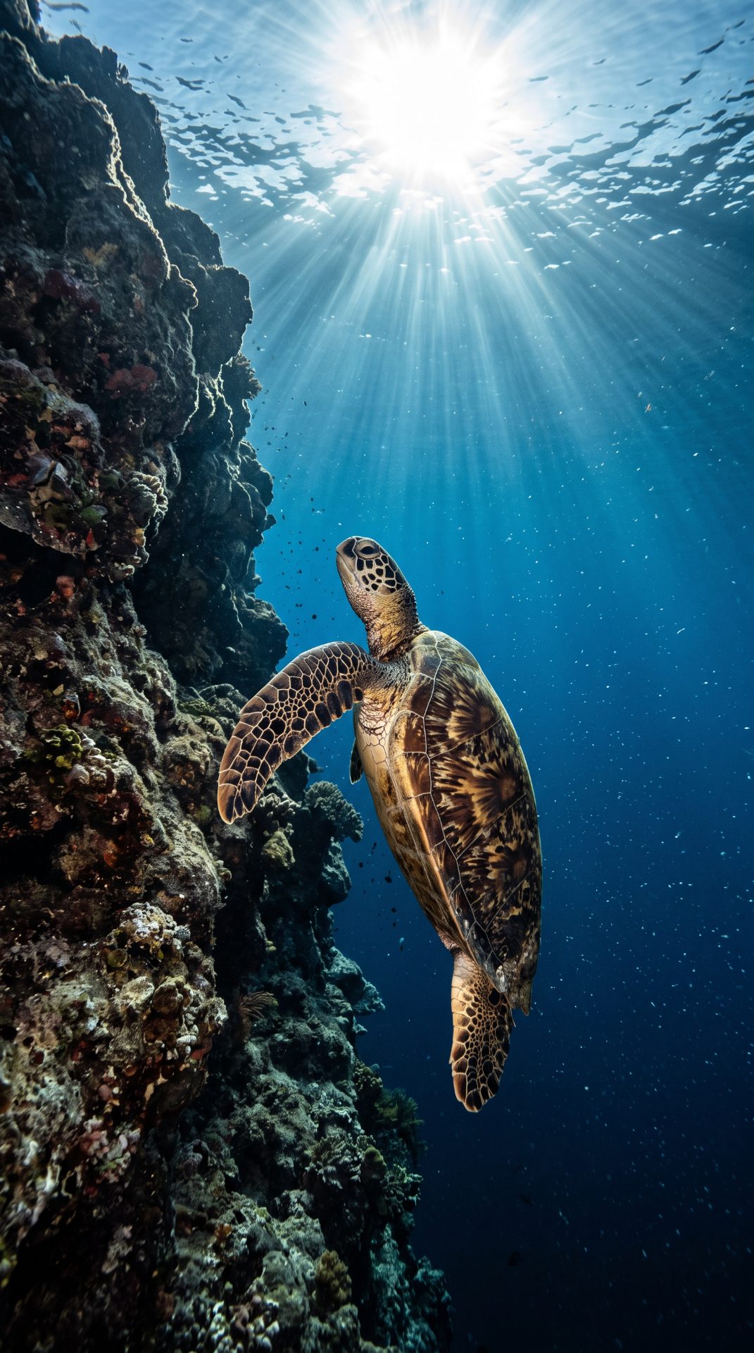 Sea Turtle Ascending Coral Reef