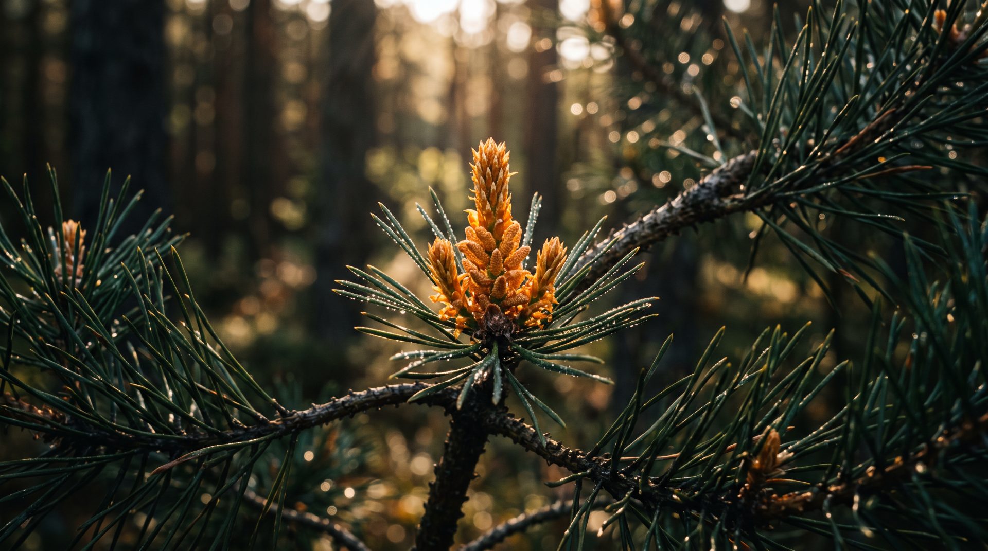Sunlit Pine Candles Unfolding