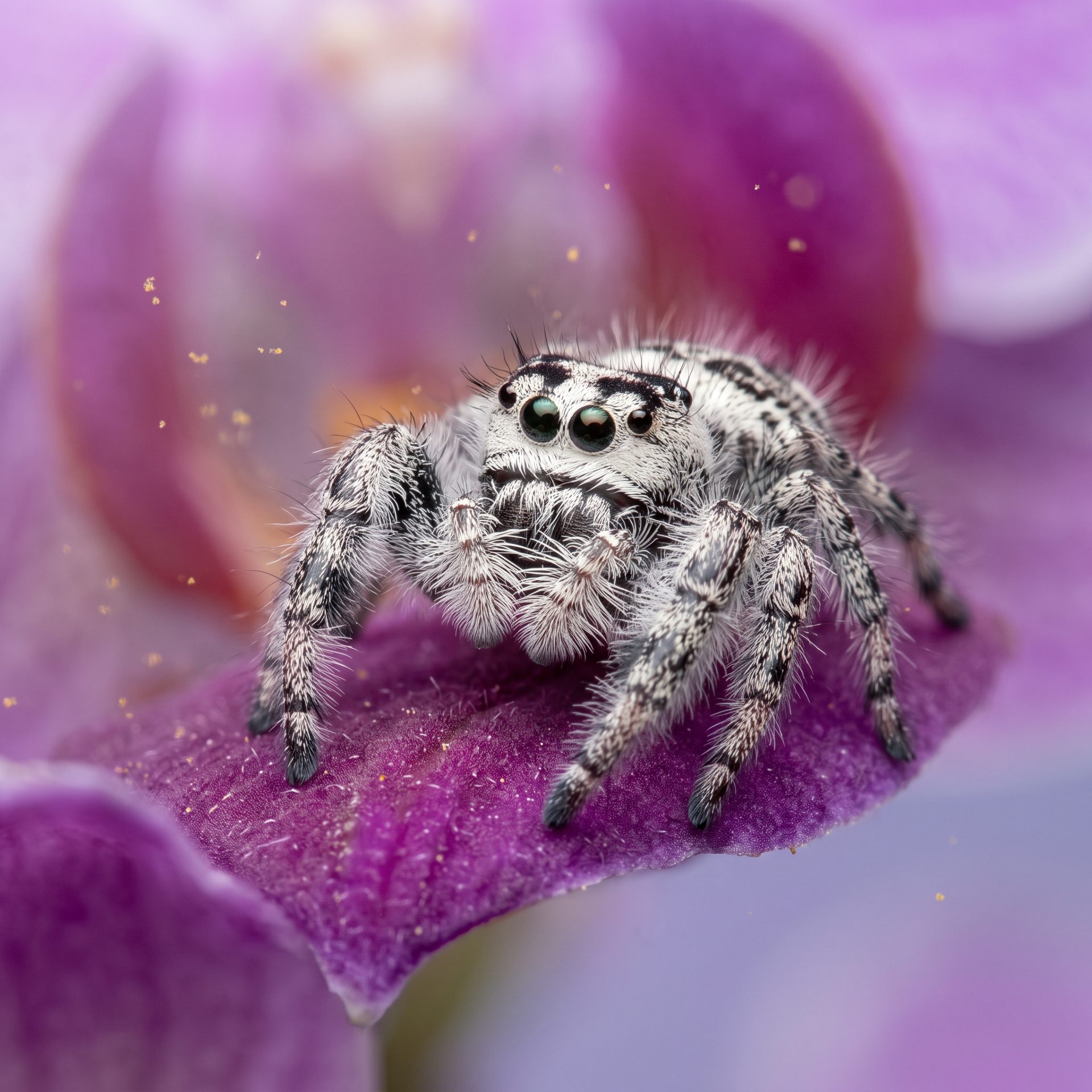 Cute White Jumping Spider on Orchid