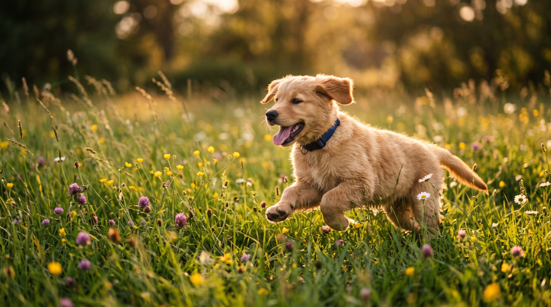 Joyful Puppy Running Through Wildflower Meadow
