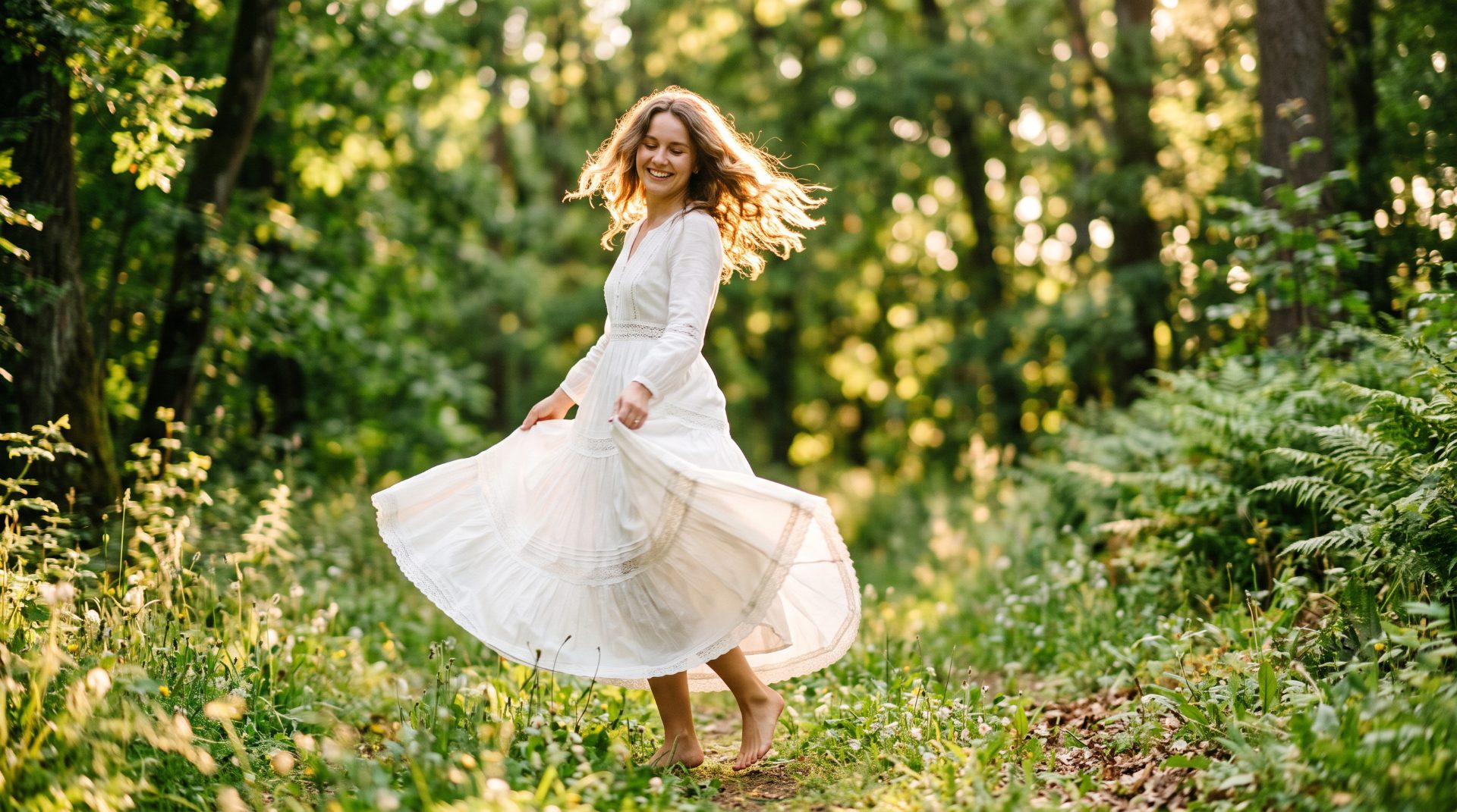 Woman dancing in white vintage dress