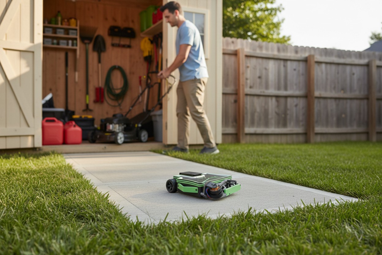 Vulcobot positioned beneath a mower