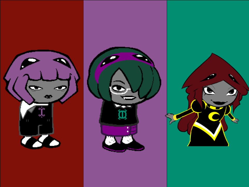 The three nymphs with their corresponding text colors; rotated.